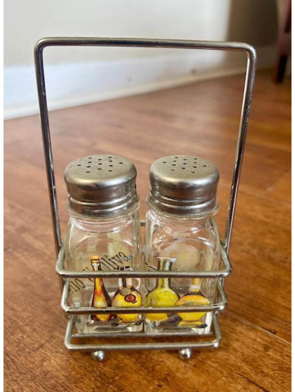 Vintage Glass Salt & Pepper Shakers w Metal Carrier Decorated w Herbs Bottles